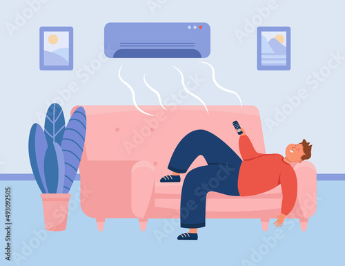Cartoon man lying on sofa under cold air from conditioner. Male character relaxing on couch at home, air conditioning system in room or house flat vector illustration. Summer, climate concept