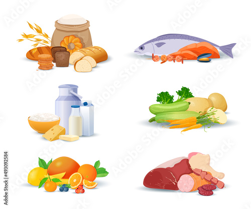 Different types of food product. Fresh vegetables and fruits, meat, seafood, bread and dairy products. Vector illustration  