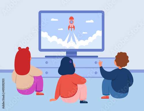 Back view of cartoon kids watching movie or show on television. Boy and girls sitting on floor, looking at TV screen flat vector illustration. Entertainment, leisure concept for banner, website design