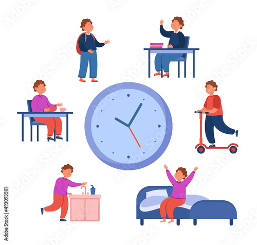 Huge clock with daily schedule of cartoon school boy. Kid eating breakfast, going to school, sleeping time flat vector illustration. Life, daily routine concept for banner or landing web page