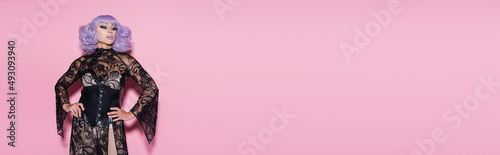 Canvas Print extravagant man in purple vig and black lace dress posing with hands on hips on pink, banner