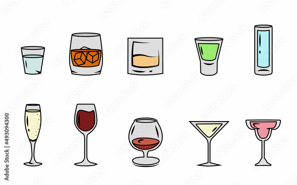 Collection of glasses for various drinks in doodle style. Design elements for the menu of a cafe, restaurant, pub, advertising, banner, promo, poster, postcard. Vector illustration of alcoholic drinks Collection of glasses for various drinks in doodle style. Design elements for the menu of a cafe, restaurant, pub, advertising, banner, promo, poster, postcard. Vector illustration of alcoholic drinks