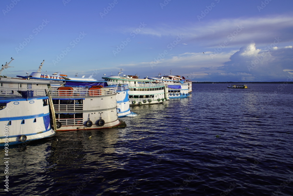 Amazon boats in the late afternoon in the port of Manaus Amazonas, Brazil 