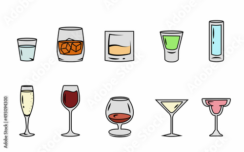 Collection of glasses for various drinks in doodle style. Design elements for the menu of a cafe, restaurant, pub, advertising, banner, promo, poster, postcard. Vector illustration of alcoholic drinks