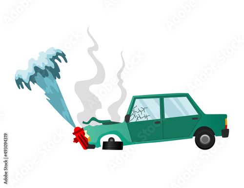Accident on road car damaged. Road insurance case accident. Car crash symbol icon. Damaged vehicle insurance. Auto crashed into a fire hydrant. Not recoverable. Advertising an insurance company