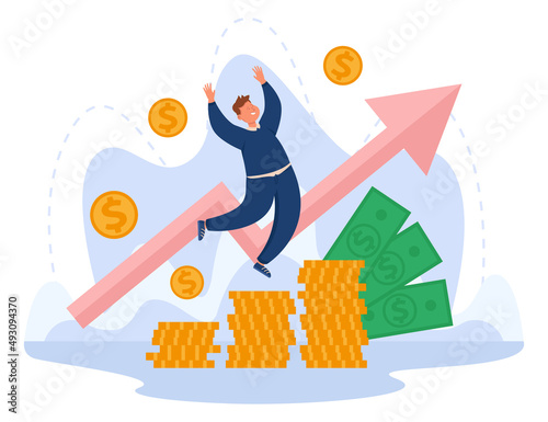Happy cartoon broker or businessman becoming rich millionaire. Banker getting money for job, salary, income, business growth flat vector illustration. Stock market, trade, finances concept for banner