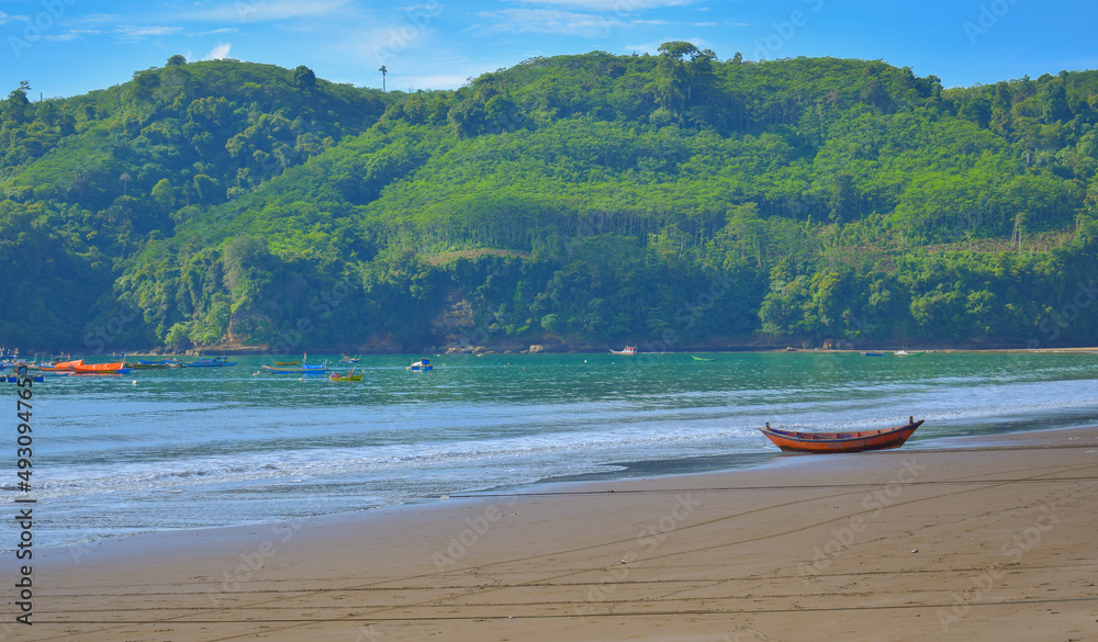 Traditional wooden fishing boats and beautiful hilly beach in East Java province, Indonesia.
boat background on the beach, beautiful Indonesian beaches. beach background.