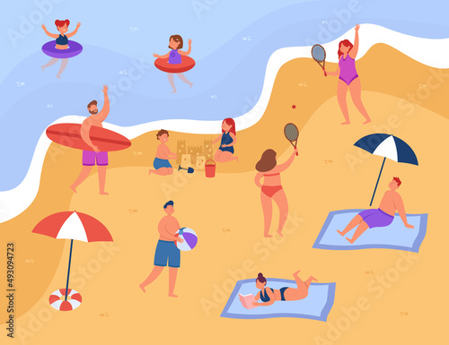 Cartoon character doing lots of various activities on beach. Kids swimming in sea or ocean  surfer  man sitting under umbrella flat vector illustration. Summer  vacation  leisure concept for banner