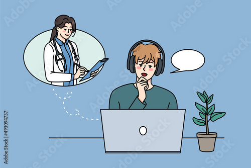 Young man talk on video call with doctor on computer on lockdown at home. Guy have webcam conversation or communication with therapist on laptop. Distant consultation. Vector illustration. 
