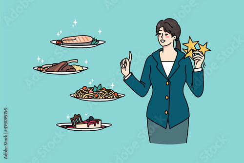 Smiling woman client with stars in hand rate dishes in restaurant. Happy female customer assess food or high quality service for outdoor eating. Feedback and opinion. Vector illustration. 