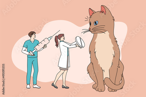 Tiny doctors people treat cure huge cat give medication and pill. Small veterinarians help unhealthy domestic animal with medicines. Pet healthcare and vet help. Vector illustration. 