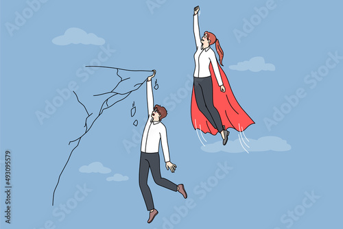 Businesswoman as superhero fly up leaving behind male colleague. Woman employee as hero pass man coworkers hanging on edge of cliff. Rivalry and competition. Vector illustration.