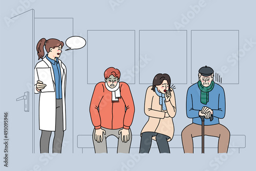 Patients sit in line wait for doctor appointment in clinic. Female therapist or medical specialist ask sick person into hospital room. Healthcare and medicine concept. Vector illustration. 