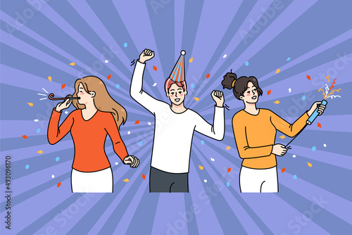 Overjoyed diverse young people have fun celebrate together. Smiling men and women enjoy celebration or party dancing and entertaining. Friendship and entertainment. Vector illustration. 