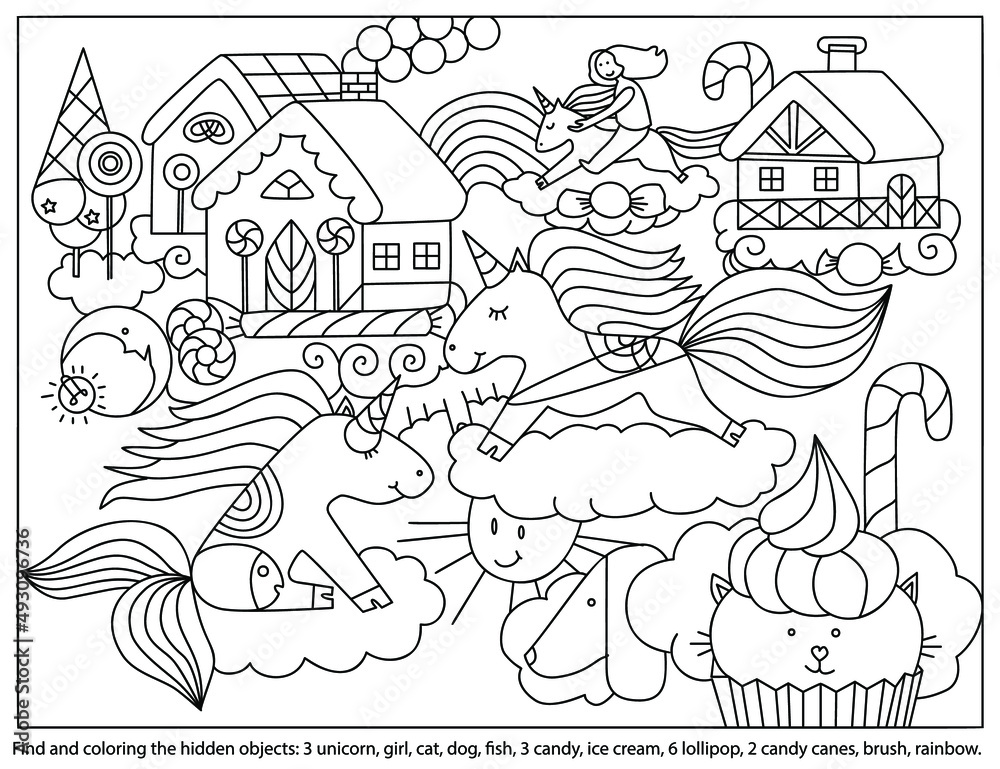Find and coloring the hidden objects.  Unicorns in sky. Colouring page with sweet home, lollipops and candy city on clouds. Worksheet for kids.