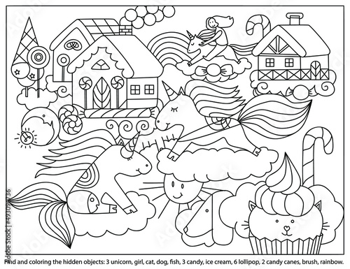 Find and coloring the hidden objects. Unicorns in sky. Colouring page with sweet home, lollipops and candy city on clouds. Worksheet for kids.