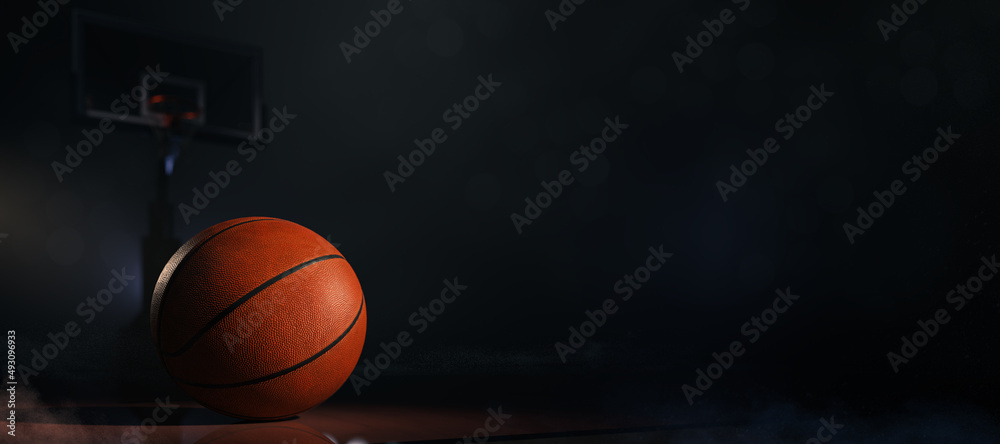 Sport concept. Basketball. Basketball with basket and black background. Empty space. Regular season or Playoffs game concept. 3D rendering.