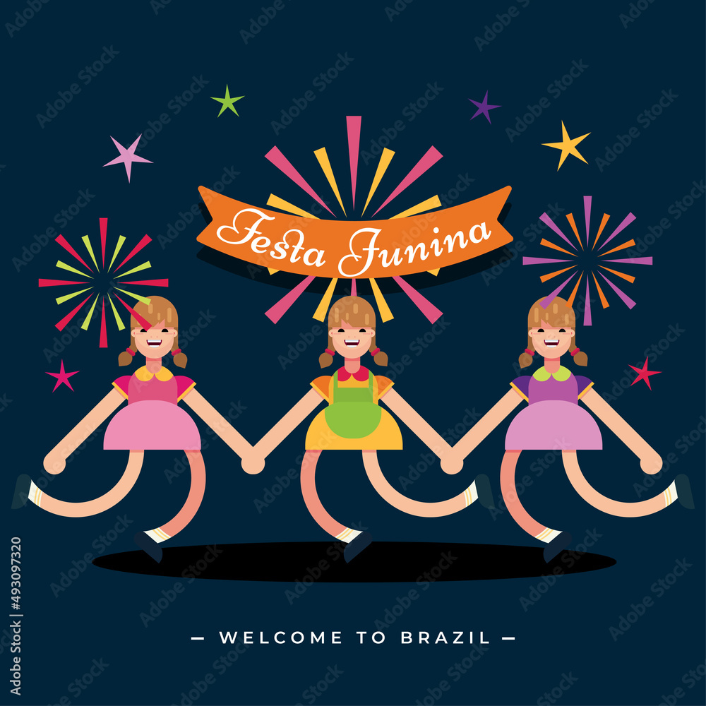 Festa Junina festival party celebration decorated background girls dancing fun fair illustration art Festa Junina festival party celebration decorated background girls dancing fun fair illustration art