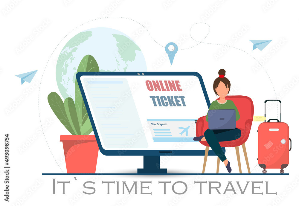 Young happy woman sitting at the chair and buying tickets online, booking tickets online concept, traveling concept, online shopping concept, online booking service, flat vector illustration Young happy woman sitting at the chair and buying tickets online, booking tickets online concept, traveling concept, online shopping concept, online booking service, flat vector illustration
