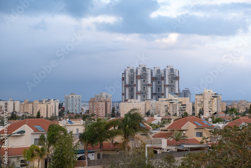 Contrast Architecture in Israel, modern towers skyscrapers and old buildings in Beer Sheba Neighbourhood. architecture concept