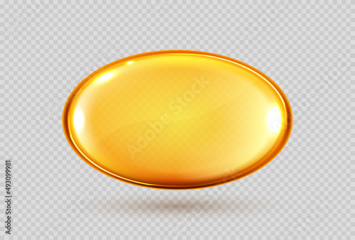 Gold oil capsule, vitamin round pill. Cosmetics, omega 3 golden bubble. Serum droplets or collagen essence isolated on transparent background.