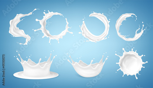 Big set of milk splashes isolated on blue background. Vector illustration photo