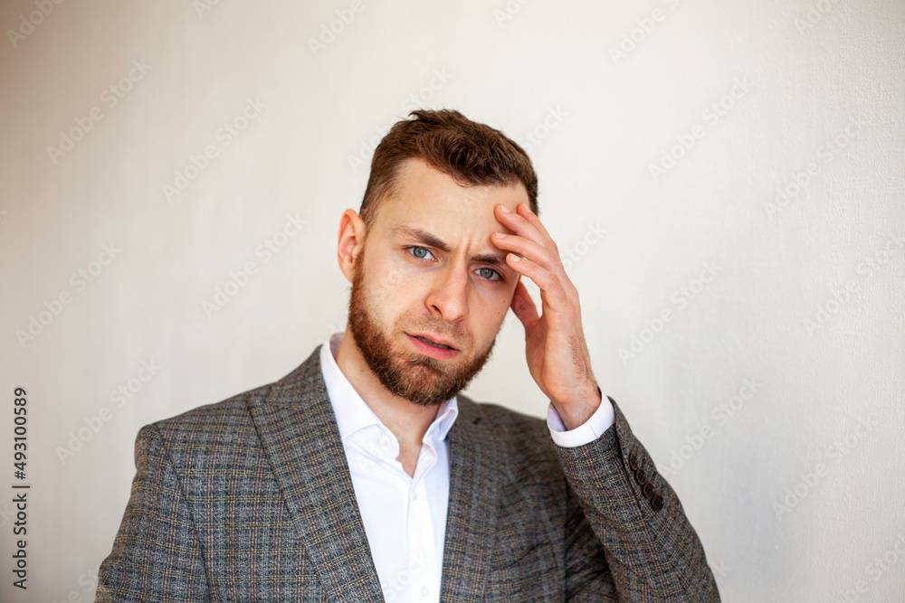 a young man with a beard 25-35 in a suit is experiencing unpreparedness, fear, concern, deep in thought
a young man with a beard 25-35 in a suit is experiencing unpreparedness, fear, concern, deep in thought