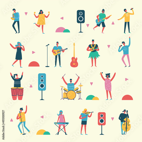 People playing musical instruments vector illustrations set. Young singer recording song with professional equipment cartoon character.