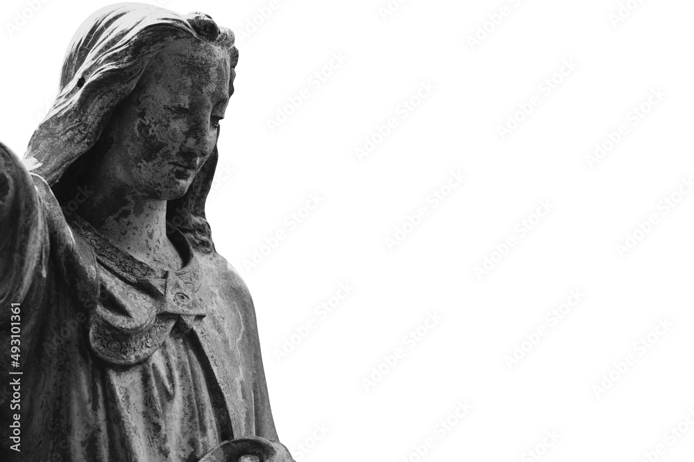 Guardian angel. Fragment of an ancient statue. Black and white image. Copy space.