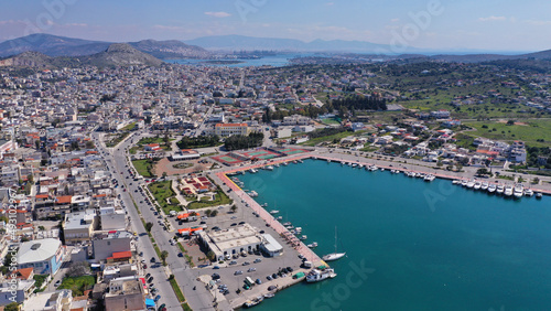 Aerial drone photo of historic main town of Salamina island as seen from above  Saronic gulf  Greece