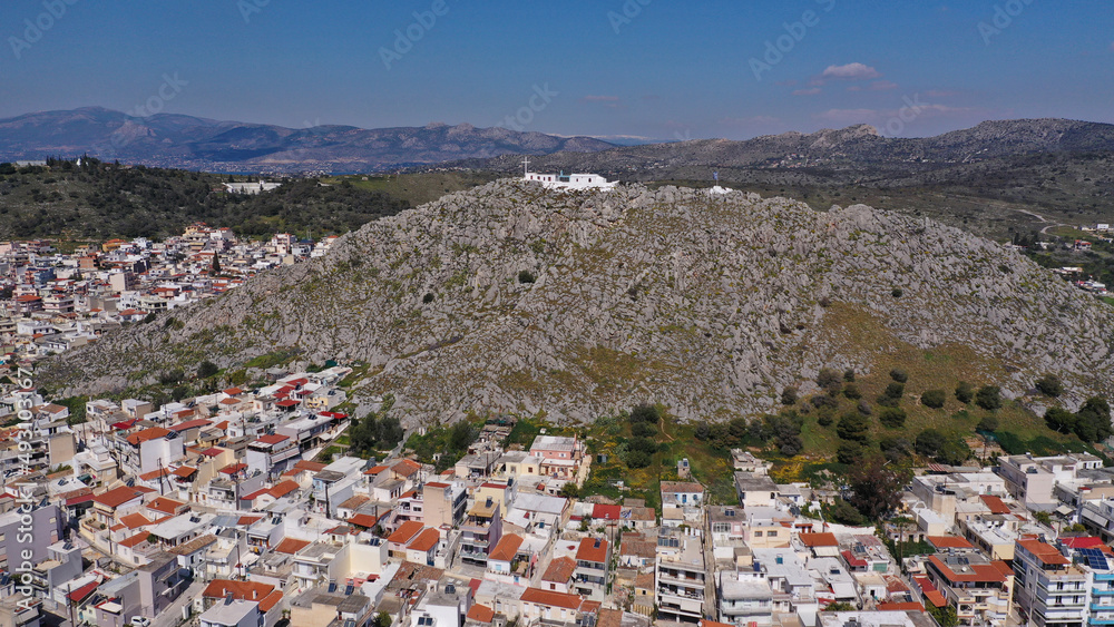 Aerial drone photo of historic main town of Salamina island as seen from above, Saronic gulf, Greece