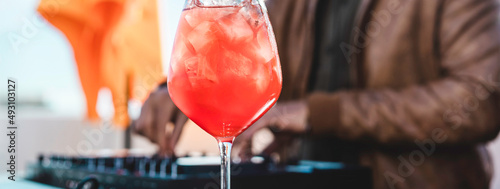 Canvas Print Horizontal banner or header with close up of a special cocktail at beach party -