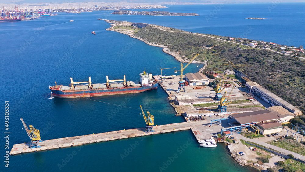 Aerial drone photo of shipyard in old port of Salamina island place where historic battle of Salamina took place, Attica, Greece
