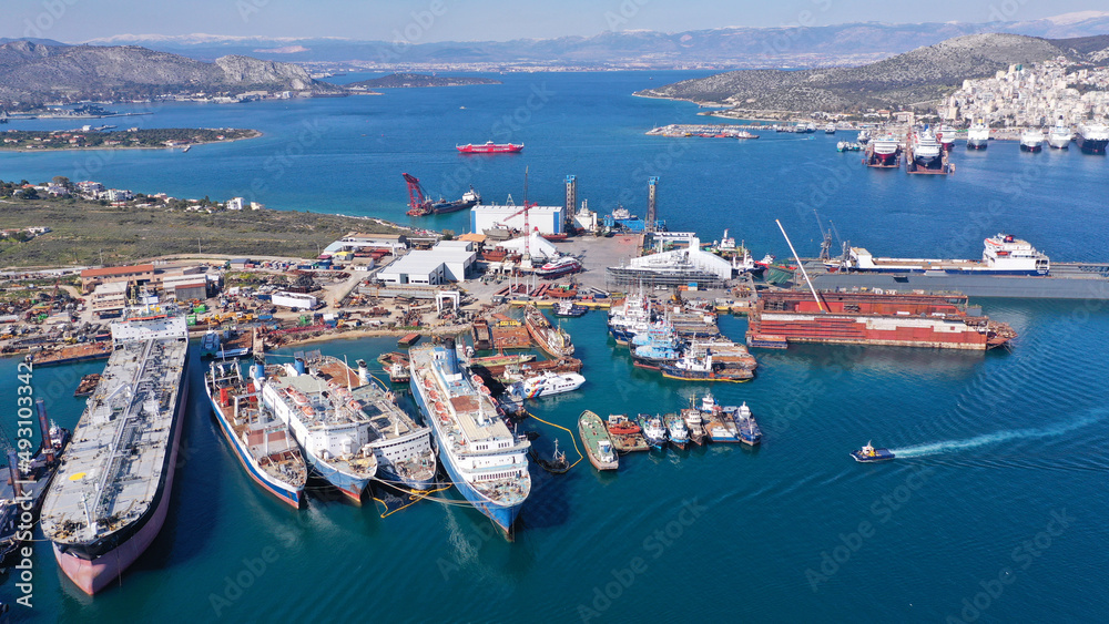 Aerial drone photo of shipyard in old port of Salamina island place where historic battle of Salamina took place, Attica, Greece