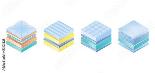 Layered orthopedic mattress icon set. Isometric bed section layers. Fabric breathable material, structure for correct sleeping position. Soft filler, comfort synthetic fiber