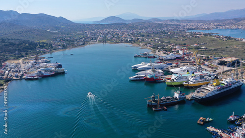 Aerial drone photo of shipyard in old port of Salamina island place where historic battle of Salamina took place, Attica, Greece