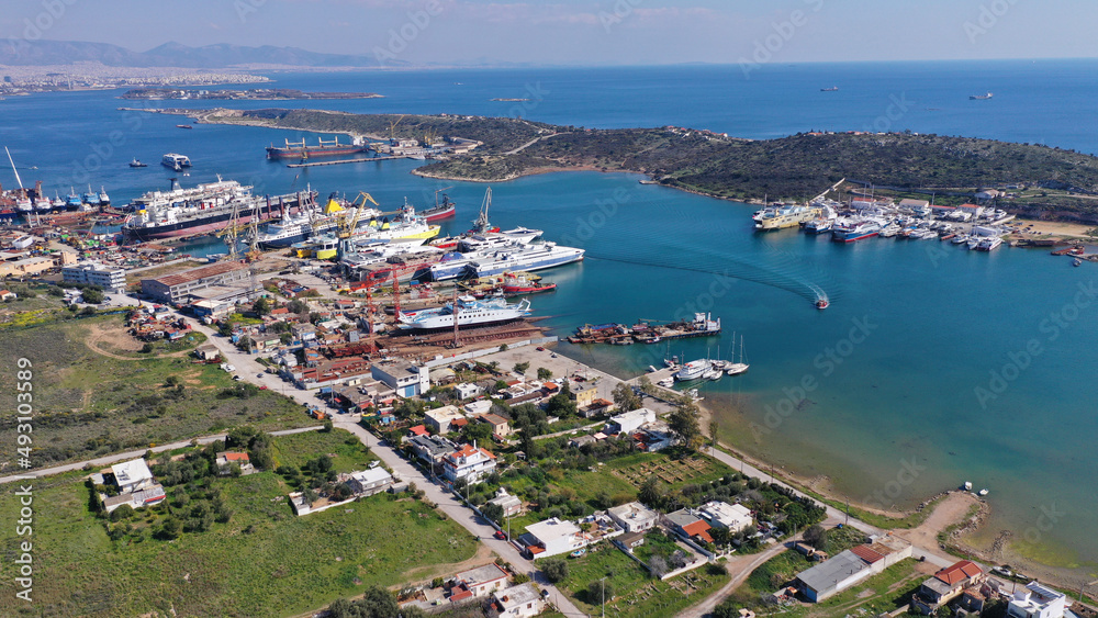 Aerial drone photo of shipyard in old port of Salamina island place where historic battle of Salamina took place, Attica, Greece