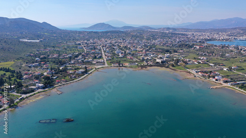 Aerial drone photo of old port of Salamina island place where historic battle of Salamina took place, Attica, Greece