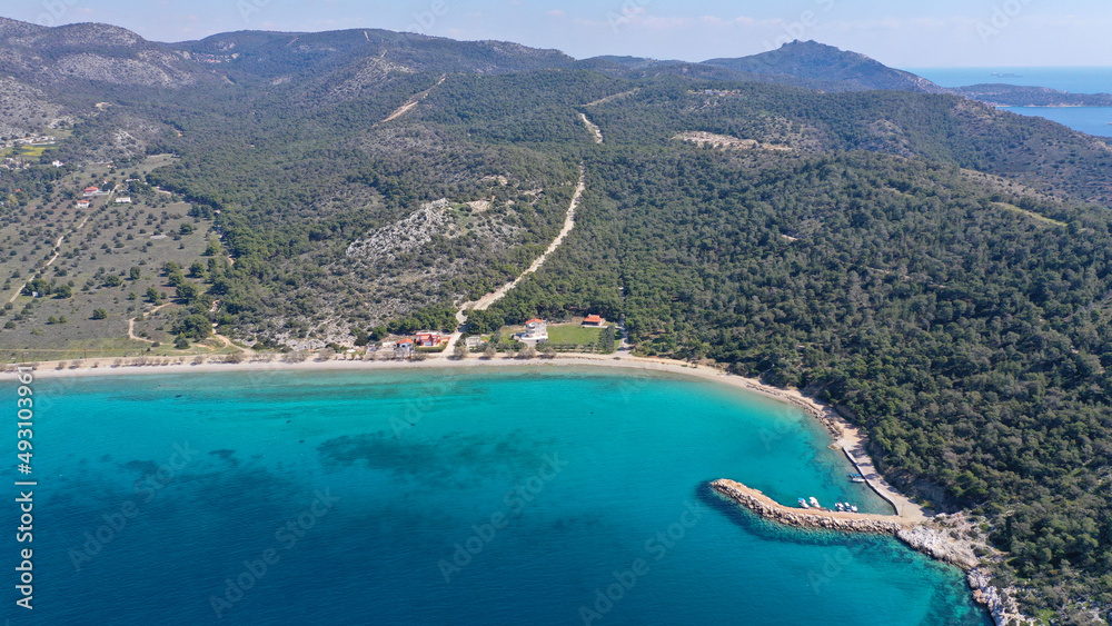 Aerial drone photo of Kanakia beach with crystal clear turquoise sea ideal for quiet vacation close to Athens, Salamina island, Saronic Gulf, Greece
