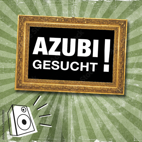 Moderne Anzeige im Comic-Style. Goldener Rahmen auf Vintage Hintergrund mit Text, Azubi Gesucht!