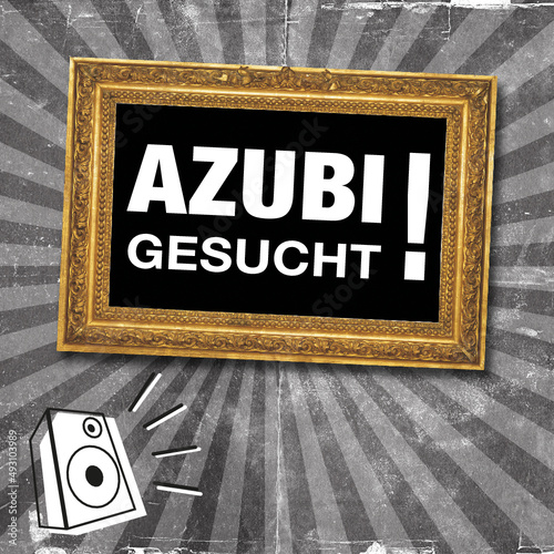 Moderne Anzeige im Comic-Style. Goldener Rahmen auf Vintage Hintergrund mit Text, Azubi Gesucht!