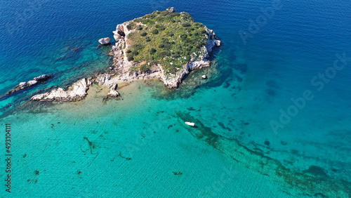 Aerial drone photo of small paradise tropical exotic islands covered in limestone with turquoise crystal clear sea
