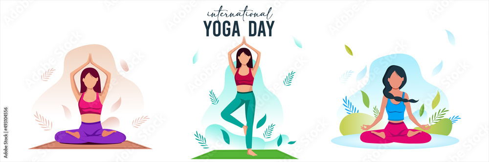 international yoga day. yoga body posture. group of Woman practicing yoga. vector illustration design