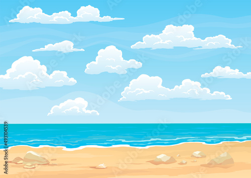 Seaside or tropical landscape. Beautiful sea shore beach. Coast in good sunny day. Cartoon summer beach with blue sky. Paradise relax on vacation