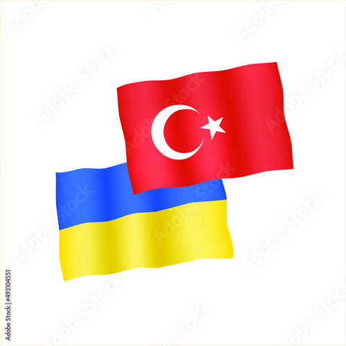 Vector illustration flags of Turkey and Ukraine. The flags of the Turkey and Ukraine are together and swaying. Realistic of country flags on white background.