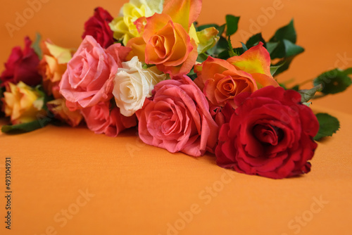 bouquet of yellow  red  pink roses with a copy space for the designer  flowers for professional holiday on an orange background  concept of mother s  Valentine s day  birthday  selective focus