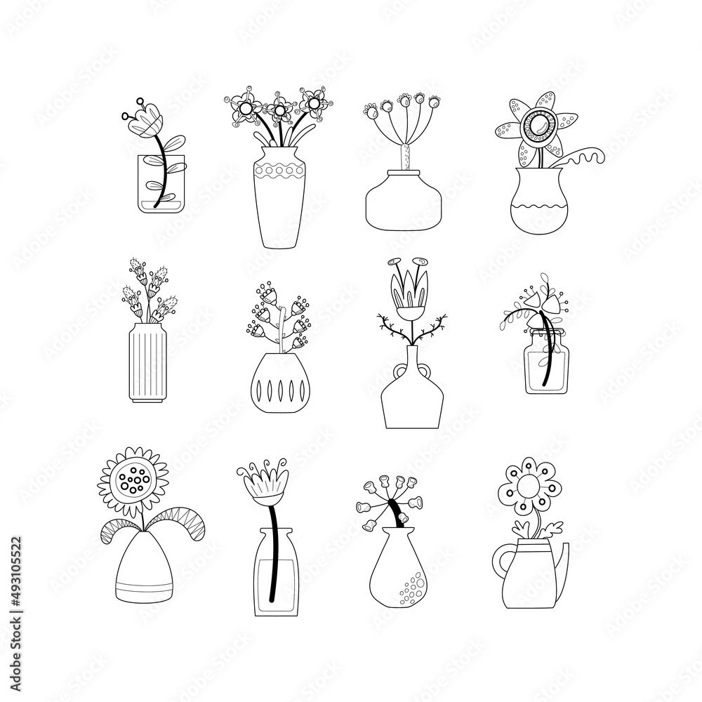 Set of plants in pots. Coloring book. Illustration of vase with flowers. Banch with green leaves. Decoe for house. Vase of flowers. Flowerpot. Hand-drawn. Vector illustration. Set of plants in pots. Coloring book. Illustration of vase with flowers. Banch with green leaves. Decoe for house. Vase of flowers. Flowerpot. Hand-drawn. Vector illustration.