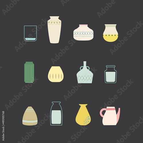 Set of pots and vases for flowers and home decor. Bright vase isolated on a dark background. Flat design. Vector illustration.