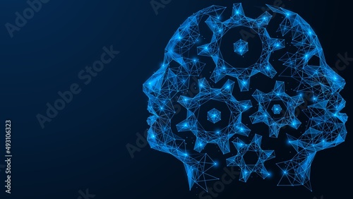 The mechanism of teamwork. A single think tank. Two silhouettes of people's faces with gears in their heads. Polygonal design of lines and dots. Blue background.