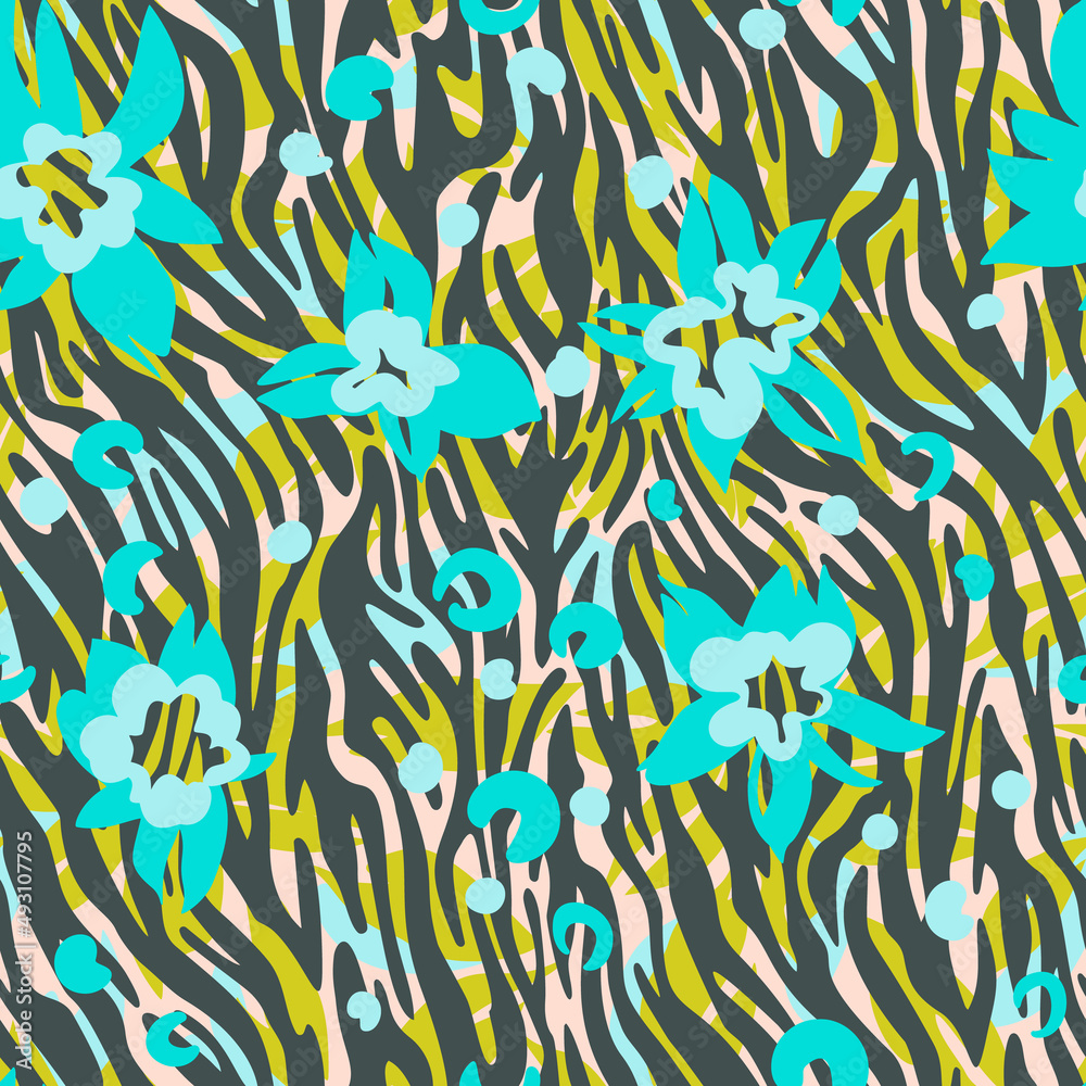 Geometric seamless pattern made of curved wavy lines mixed with flowers. Artistic animal stripes background. Floral ornament.